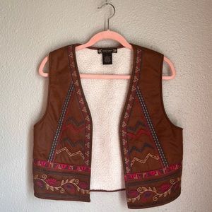 Flying Tomato Sherpa Lined Brown Embroidered Vest Size L